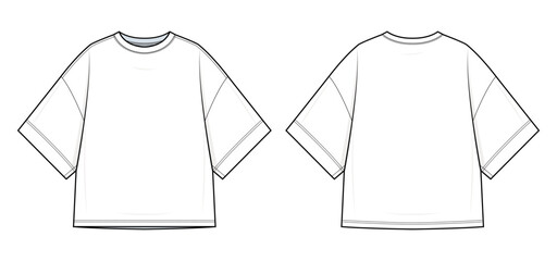 Oversized Boxy Oversized T-Shirt Technical Fashion Flats. Men’s Tee Vector Template. Front and Back design. Drop Shoulder Sleeves. Relaxed Fit. Minimalist Style. White Color. CAD Mockup Set.