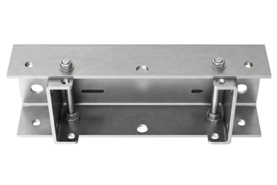 Heavy-duty steel mounting bracket with bolts and nuts isolated on a transparent background