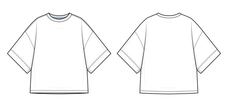 Oversized Boxy Oversized T-Shirt Technical Fashion Flats. Men’s Tee Vector Template. Front and Back design. Drop Shoulder Sleeves. Relaxed Fit. Minimalist Style. White Color. CAD Mockup Set.