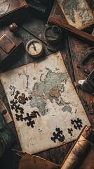 escape room clues and puzzles on table.