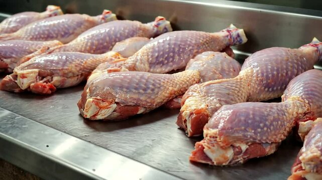 Freshly prepared chicken legs lined up on a stainless steel table in a processing facility