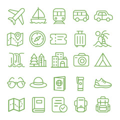 Travel icons, green illustration, white background