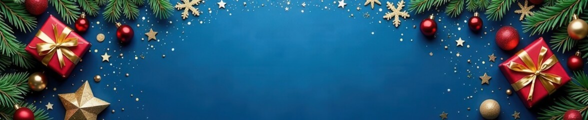 Elegant blue Xmas border Golden accents, fir, gifts, and festive confetti , baubles, confetti, celebration