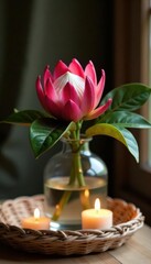 Elegant protea in vase, candles on wicker, cozy interior , protea, ambiance