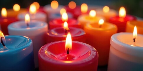 Numerous candles in close-up, showing intricate wax details, assorted, composition, macro