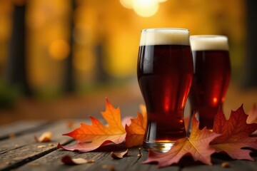 Rich, dark beer in glasses on oak, autumn leaves frame , ale, yellow