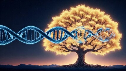 A glowing tree with golden leaves and a DNA double helix strand flowing through it. - Powered by Adobe