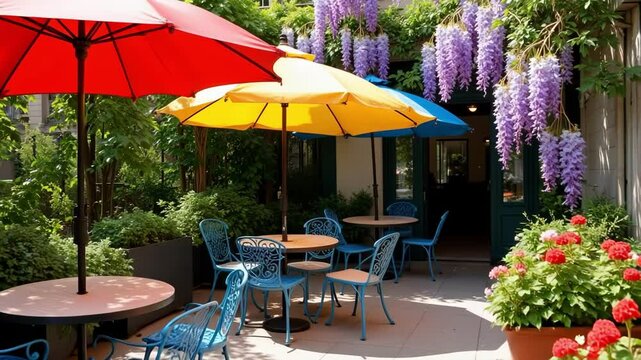Sunlit Parisian cafe garden features bright umbrellas shading wrought iron tables, with climbing wisteria and blooming geraniums in stunning 4k footage.