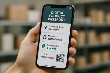 digital product passport, Close-up of hand holding smartphone showing digital product passport with product origin, material composition, sustainability rating, and QR code for verification
