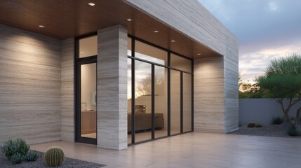 Simple duplex smooth travertine stone black trim twilight sky gradient reflecting on upper glazing fine shadow detail clean