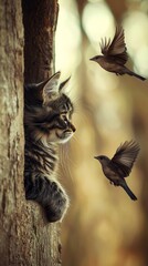 Obraz premium Intrigued feline gazes at birds in flight, a serene moment of nature observation