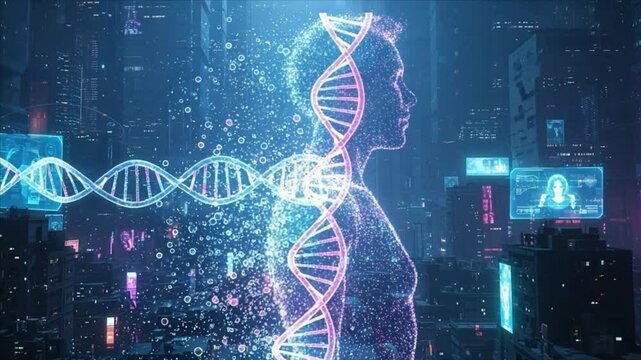 Digital rendering of a human figure dissolving into DNA strands against a futuristic cityscape. - Powered by Adobe