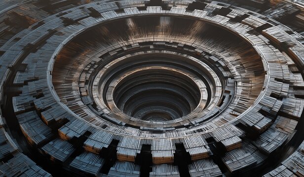 Massive circular wooden structure with intricate layered patterns resembling clockwork mechanism or ancient ship deck, abstract aerial perspective showcasing depth and complexity of industrial design