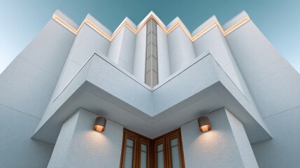 Sleek white minimalist art deco tower with geometric fins top-down lighting with subtle rim glow teal ivory gradient