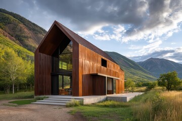 Slim-profile barn home clad in oxidized weathering steel golden backlighting with reflective sheen moody cloud shadows realistic depth