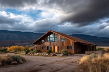 Slim-profile barn home clad in oxidized weathering steel golden backlighting with reflective sheen moody cloud shadows realistic depth