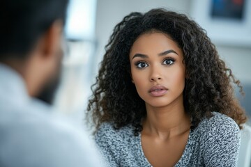 Young woman in a mental therapy session, discussing emotional issues and challenges with a psychologist in the office, Generative AI