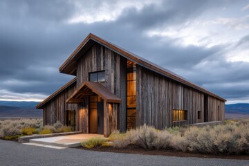 Slim-profile barn home clad in oxidized weathering steel golden backlighting with reflective sheen moody cloud shadows realistic depth
