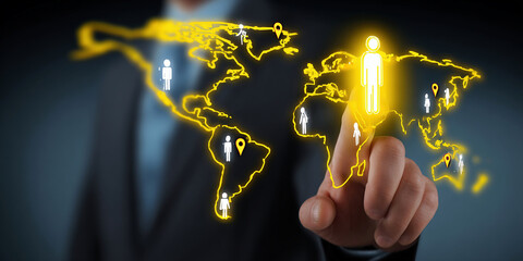 Global workforce management concept. Businessman selects digital user icon on world map interface, symbolizing remote team connection, HR analytics, recruitment, and talent location tracking.