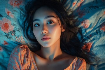 Asian woman  on the bed with open eyes, dealing with insomnia and struggling to fall asleep, Generative AI