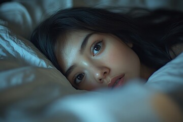 Asian woman  on the bed with open eyes, dealing with insomnia and struggling to fall asleep, Generative AI