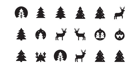 A collection of christmas themed icons featuring trees reindeer and ornaments in black and white vector art