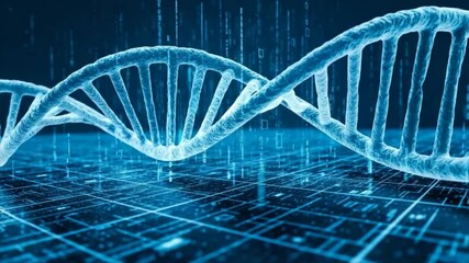 A digital illustration of a DNA double helix, set against a backdrop of binary code. - Powered by Adobe