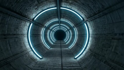 Futuristic tunnel with glowing blue lights, leading into darkness, creating a sense of depth - Powered by Adobe