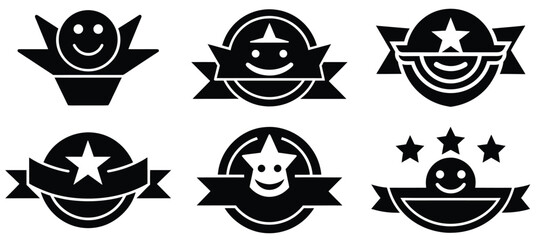 Collection of six black and white badges with smiling faces and stars