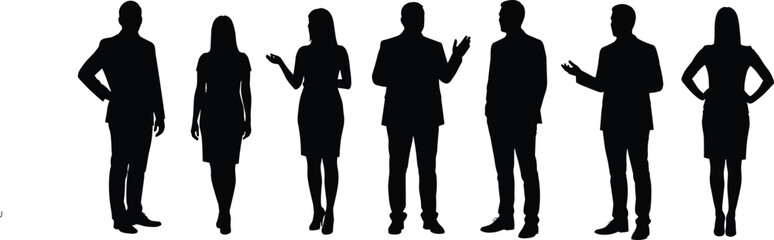 Silhouettes of business people, team members standing, discussing, professional pose, corporate staff, male and female executives in office