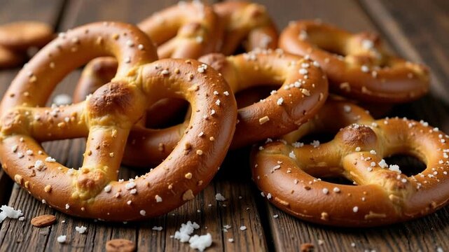A delectable close-up showcases crunchy German pretzel cracker cookies glistening with salt crystals against a rustic textured surface, filmed in detailed 4k.