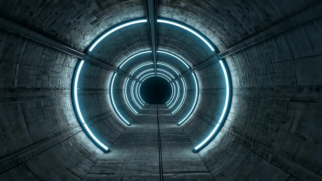 Futuristic tunnel with glowing blue lights, leading into darkness, creating a sense of depth