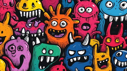 Naklejka premium Colorful graffiti-style cartoon monsters in doodle format, clustered tightly across a white sticker sheet, exaggerated features and bold black outlines, designed in flat vector style.
