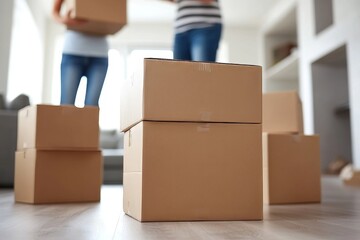 Two people packing belongings into cardboard boxes as part of the process of relocating to a new apartment, Generative AI