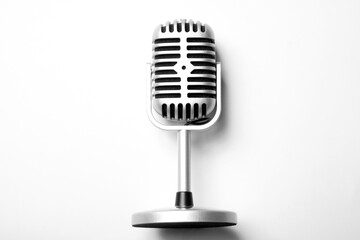Vintage silver microphone with a white background. Top view
