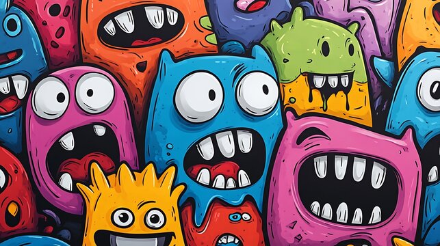 Colorful graffiti-style cartoon monsters in doodle format, clustered tightly across a white sticker sheet, exaggerated features and bold black outlines, designed in flat vector style.