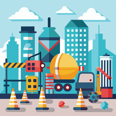 Urban construction scene with colorful trucks cones and city buildings