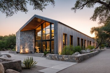 Steel-wrapped barn house with modern detailing sunset glow hitting front fa??A section ade casting orange reflections sharp textures on gravel