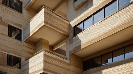 Stepped corporate building with earth-toned brick deep-set balconies strong daylight casting tiered shadows reflection on window trims under