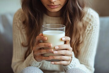 Lactose intolerance concept: Woman experiencing a stomachache after drinking milk, highlighting digestive sensitivity, Generative AI