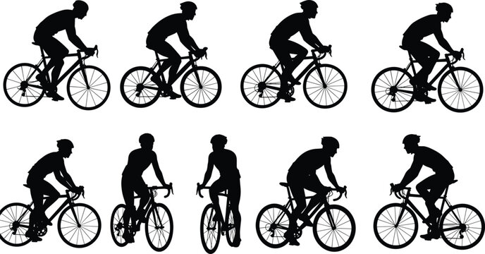 Silhouettes of cyclists riding racing bikes, professional road biking illustration, outdoor fitness activity, sports training, competitive cycling vector set