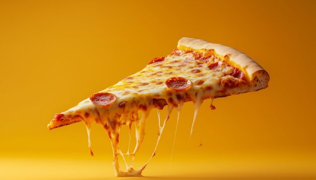 Pizza slice cheese dropped stretch on floor flying on air closeup, solid background