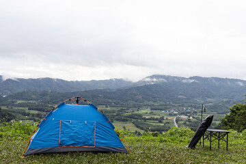 Blue tent, mountain camping, nature tourism, adventure