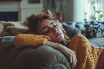 Stressed female feeling lonely and depressed on the sofa at home, dealing with mental health struggles, Generative AI
