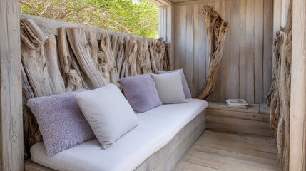 Sun-shaded outdoor reading nook with driftwood walls woolen cushions crisp natural light with fabric grain detail textural wood