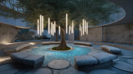 Stone meditation circle under a living tree canopy with glowing ground tiles twilight blue lighting volumetric light shafts