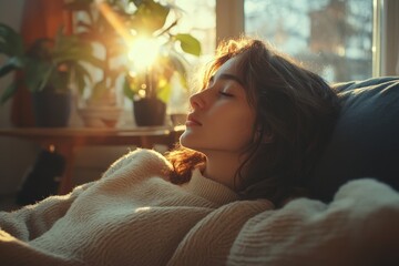 Stressed female feeling lonely and depressed on the sofa at home, dealing with mental health struggles, Generative AI
