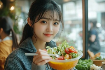 Asian females eating salad for breakfast, promoting good health and a balanced diet, Generative AI