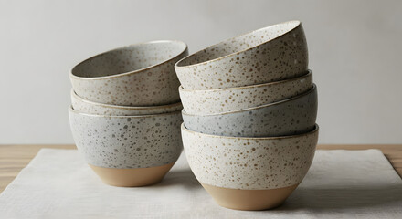 Stacked Ceramic Bowls with Speckled Glaze on Neutral Background