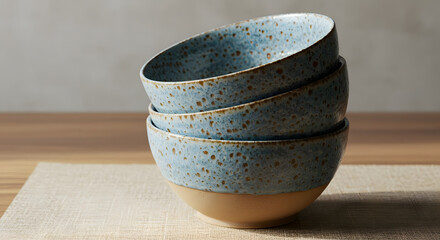 Stacked Blue Ceramic Bowls with Speckled Glaze on Wooden Surface